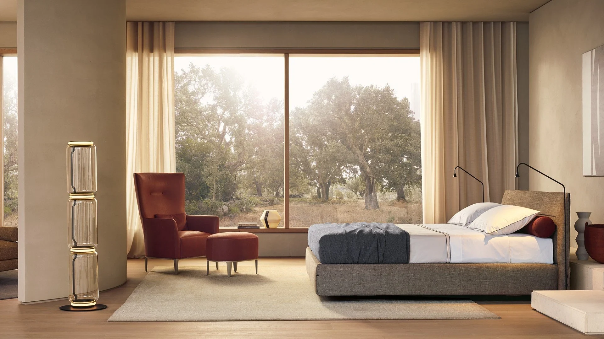 Jacqueline bed in a bedroom, official Poliform photo