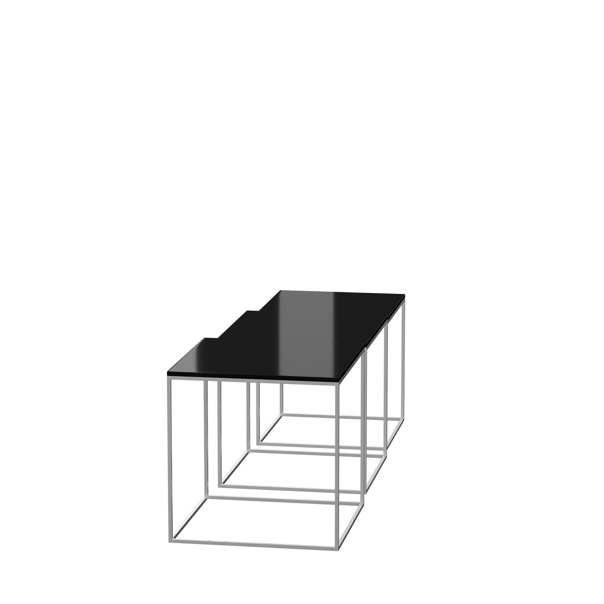 Drei kleine quadratische Tische mit schwarzen Platten und offenen Gestellen, schräg von oben fotografiert