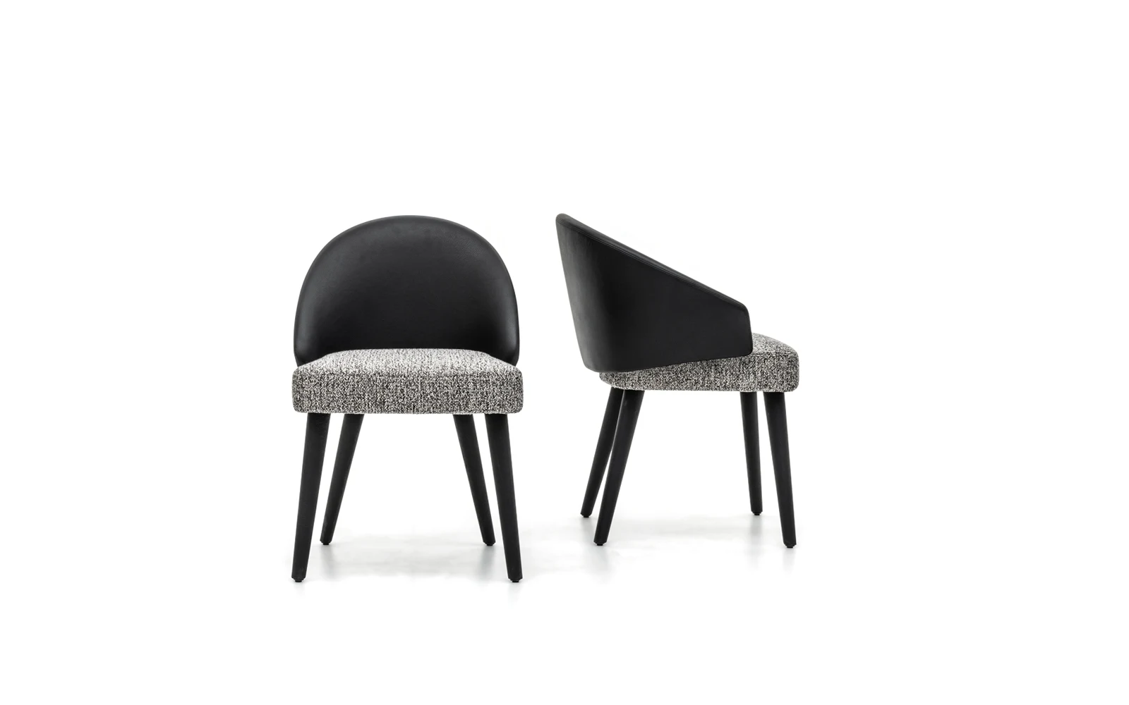 A dining chair seen from the front and a dining little armchair seen from the side on a white background