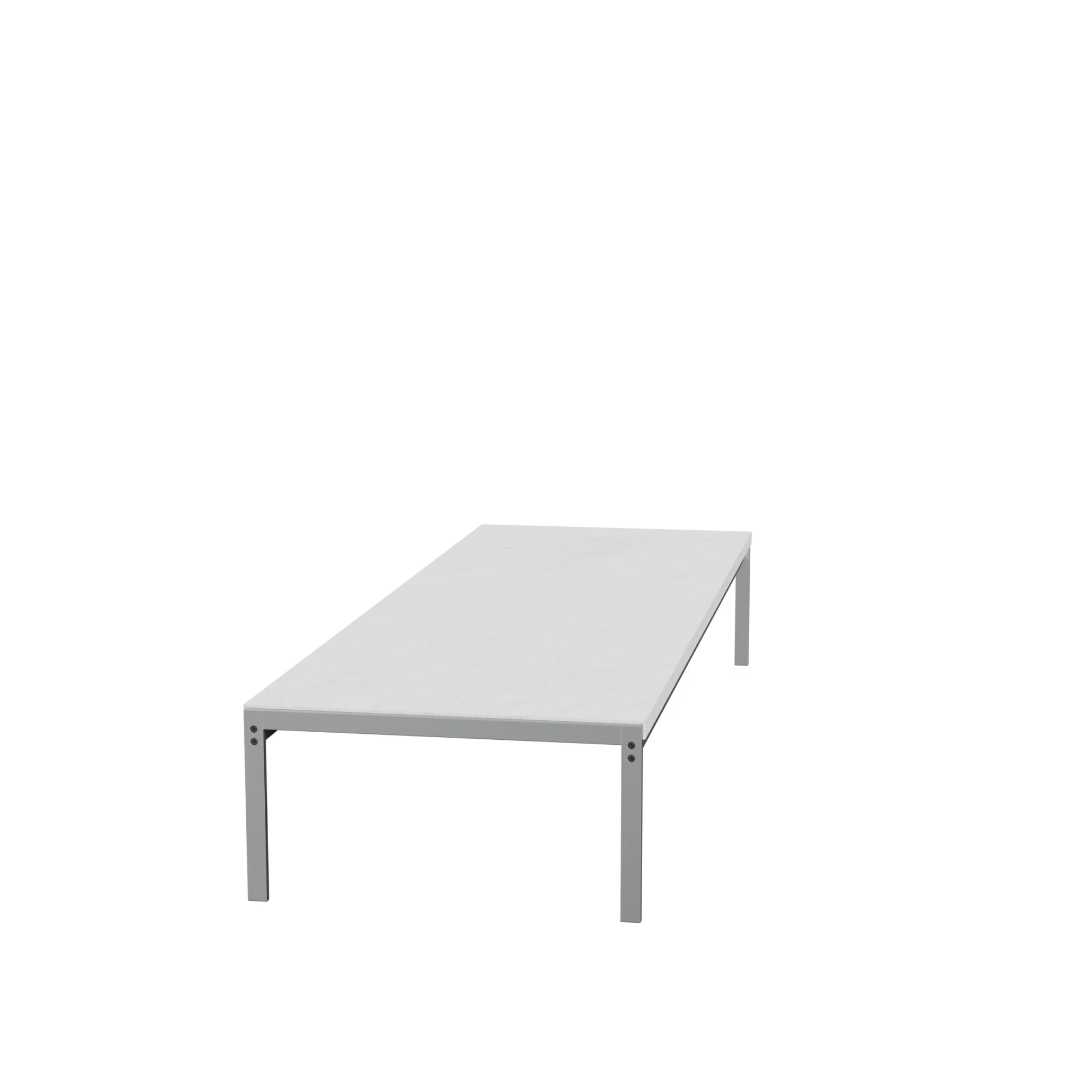 A long, low rectangular table with legs, seen from one end at an angle