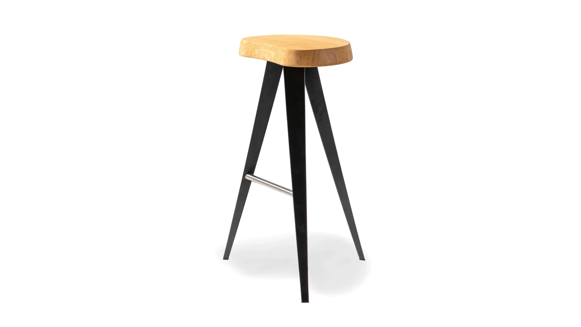 A tall three-legged stool with a footrest on a white background