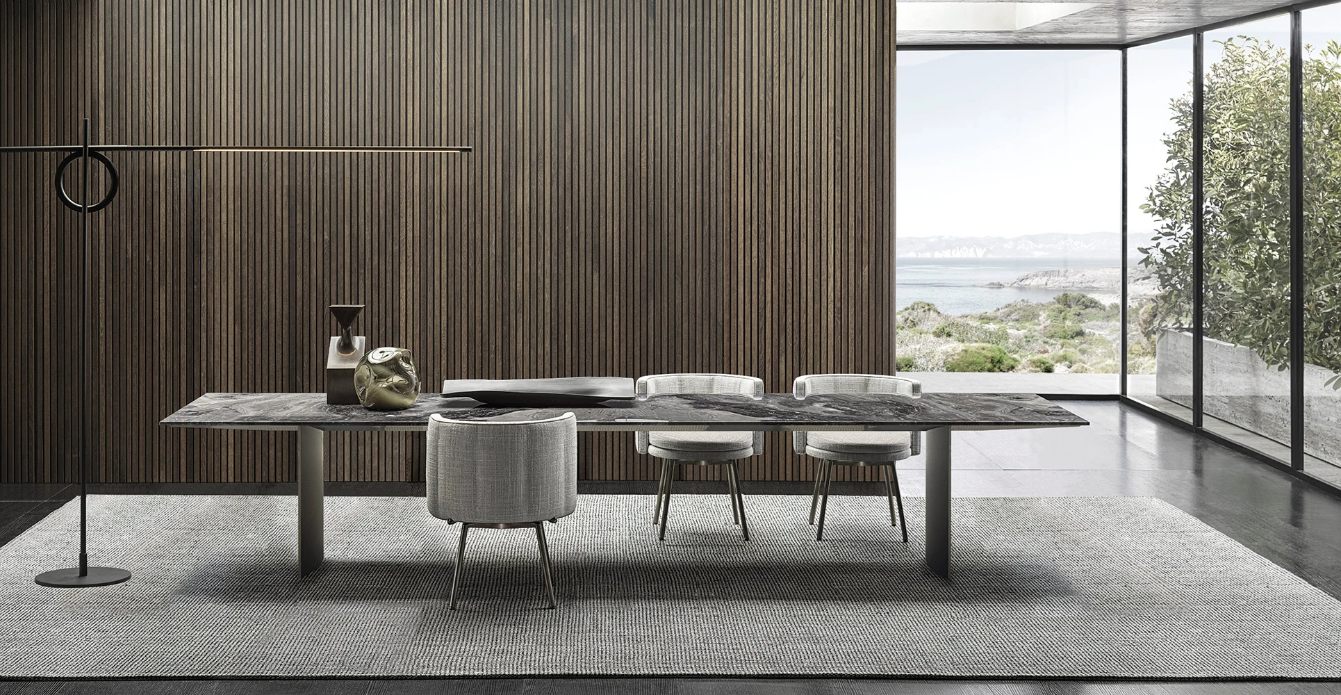 Meeting-room view of the long rectangular Linha dining table