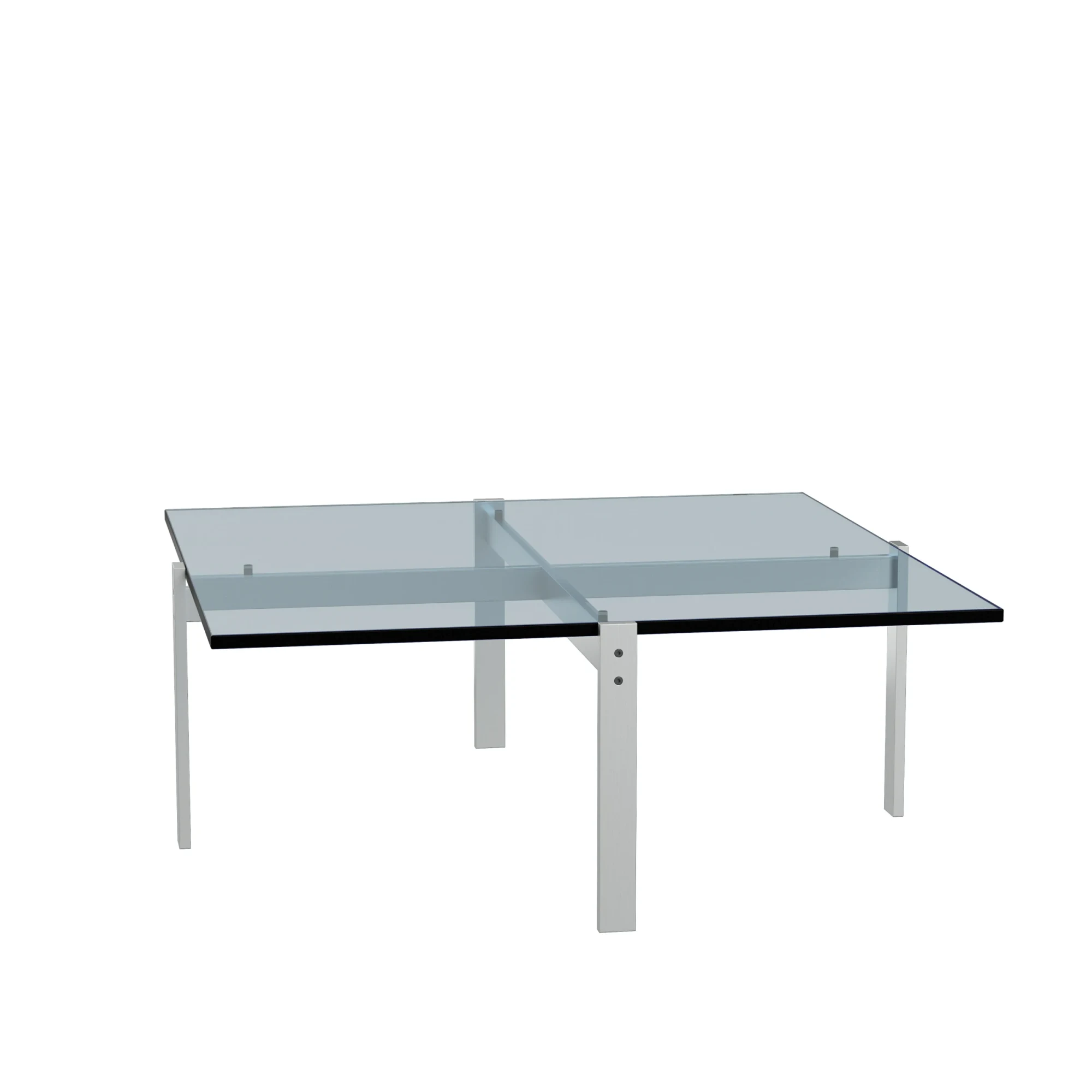 Square glass-topped table with a crossed frame beneath, seen from one side