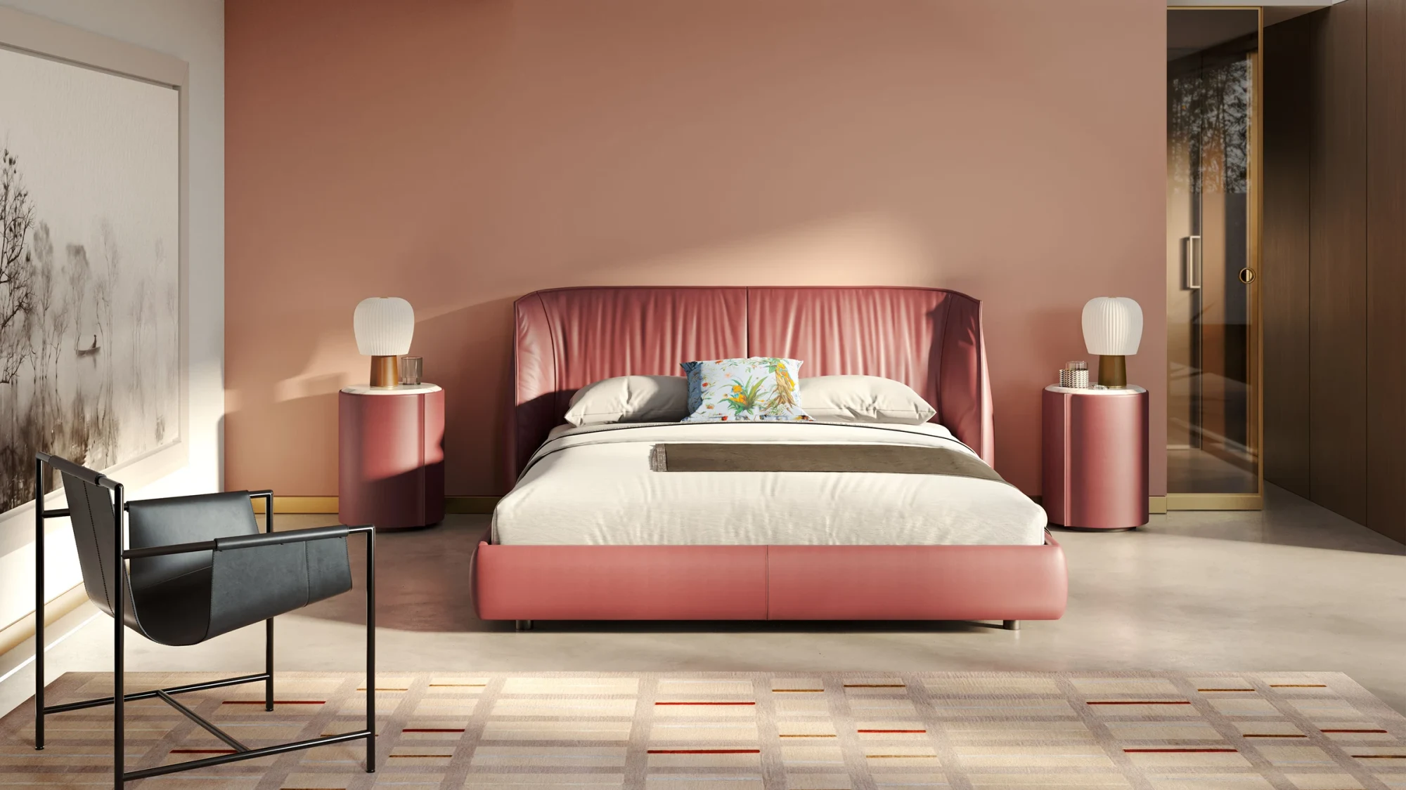 Letto in una stanza con una poltrona scura e due comodini