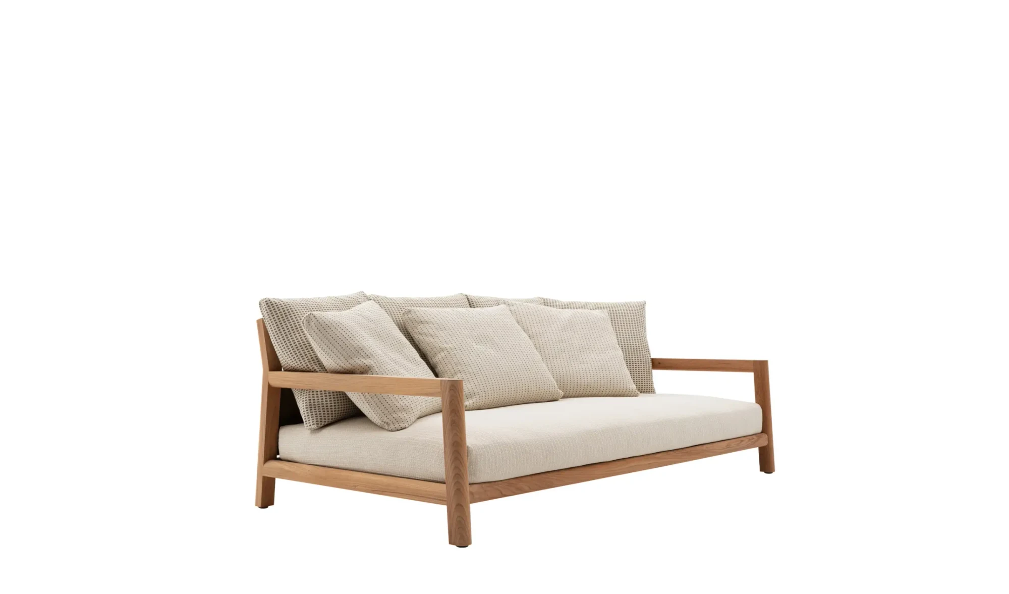 A sofa with a frame and loose back cushions, three-quarter view on a plain background