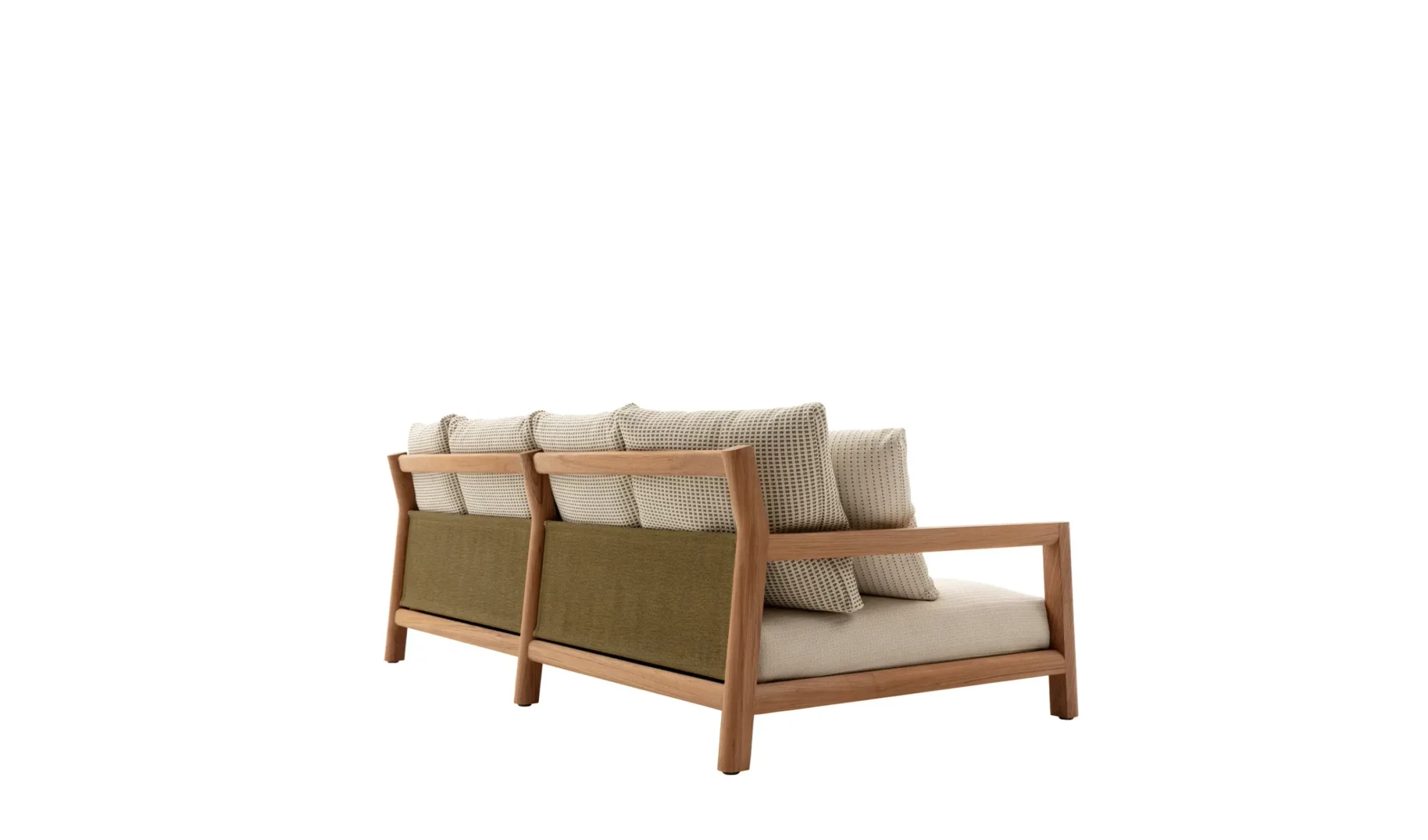 A sofa seen from behind, with fabric panels between the frame uprights