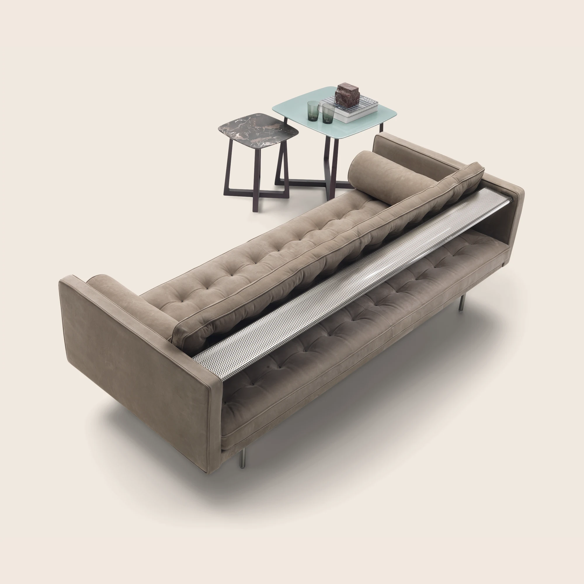 Magister sofa from above with the metal shelf behind the back
