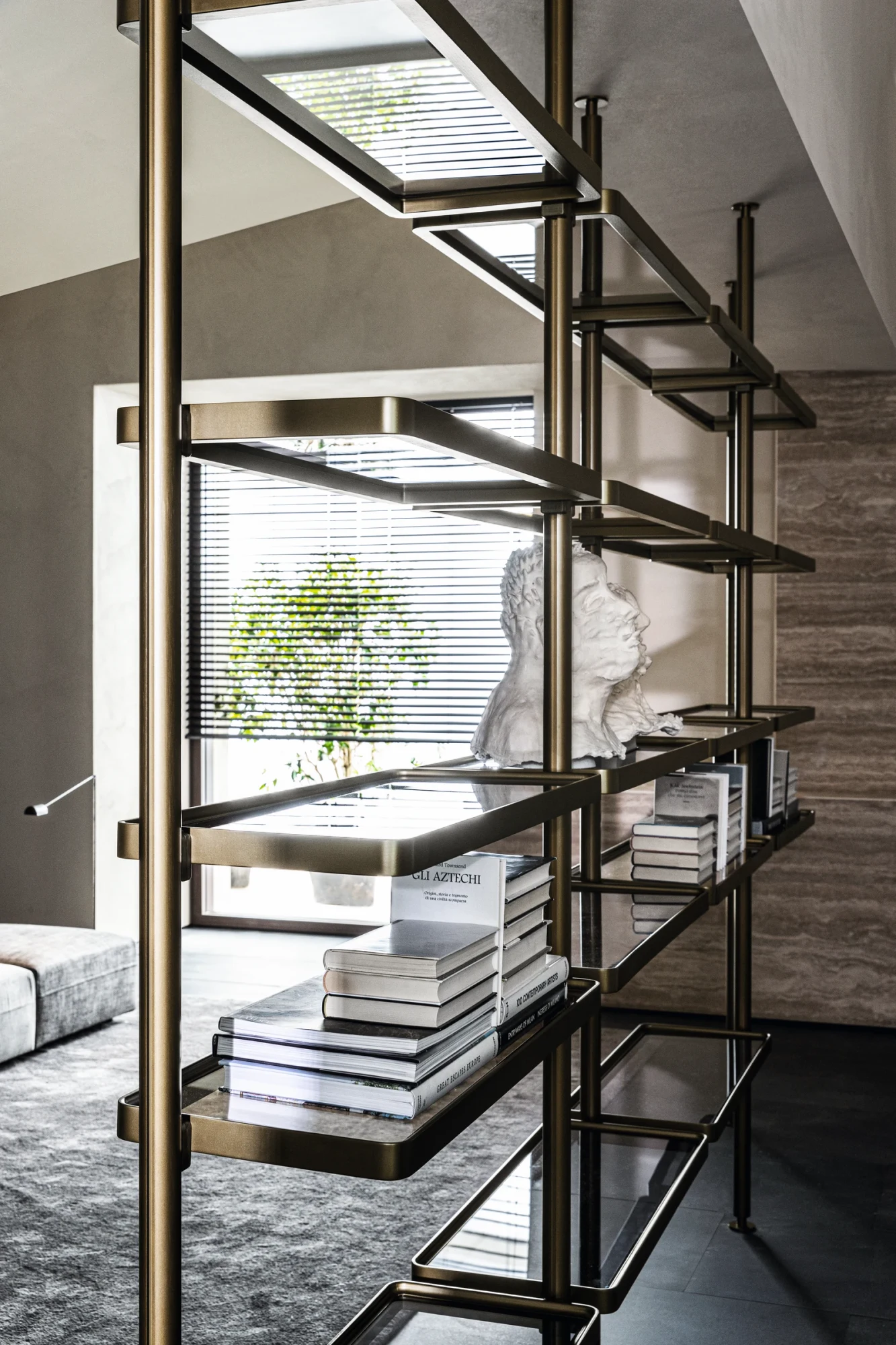 Tall composition of open shelves behind